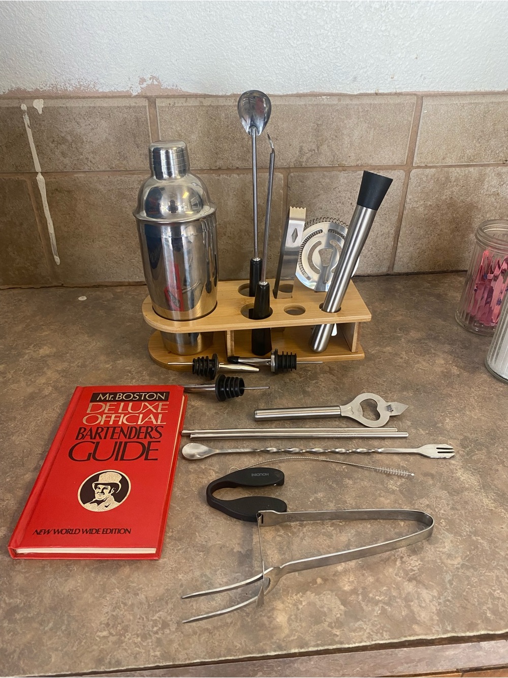 Stainless Steel Bartender Cocktail Set with Wooden Stand - book included